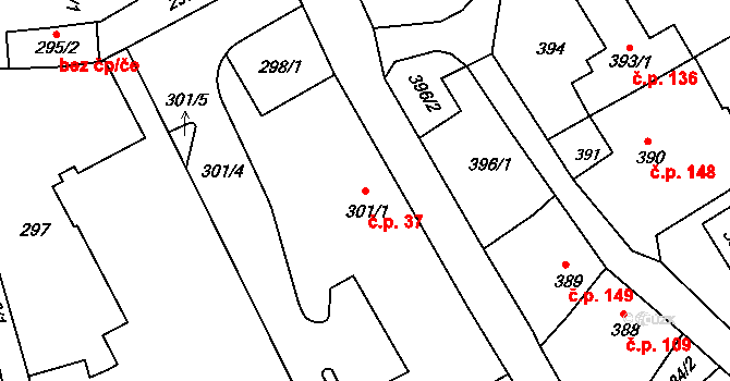 Olomučany 37 na parcele st. 301/1 v KÚ Olomučany, Katastrální mapa