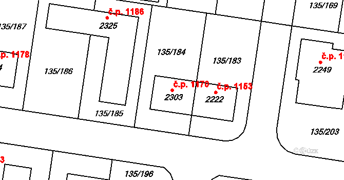 Podklášteří 1170, Třebíč na parcele st. 2303 v KÚ Podklášteří, Katastrální mapa