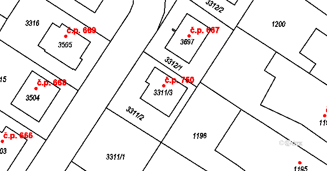 Kamenice nad Lipou 750 na parcele st. 3311/3 v KÚ Kamenice nad Lipou, Katastrální mapa