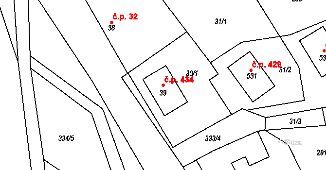 Mratín 434 na parcele st. 39 v KÚ Mratín, Katastrální mapa