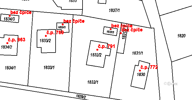 Podbořany 791 na parcele st. 1832/2 v KÚ Podbořany, Katastrální mapa