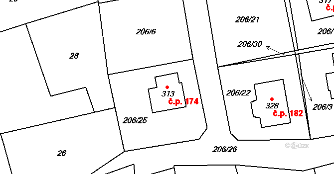 Šlapanov 174 na parcele st. 313 v KÚ Šlapanov, Katastrální mapa