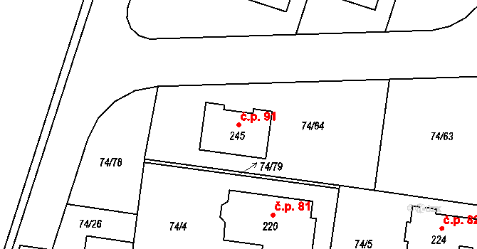 Tuřice 91 na parcele st. 245 v KÚ Tuřice, Katastrální mapa