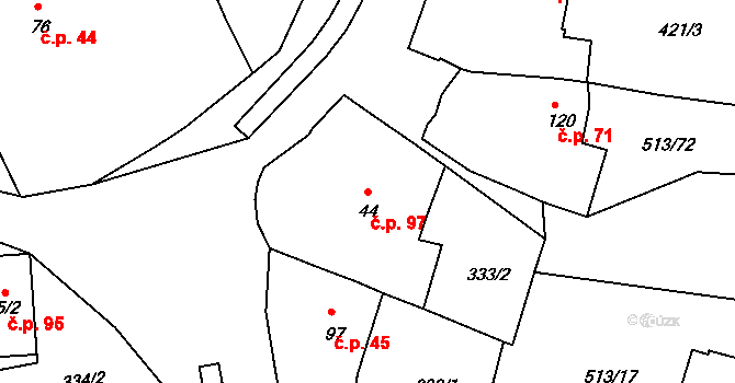 Hluboké Mašůvky 97 na parcele st. 44 v KÚ Hluboké Mašůvky, Katastrální mapa