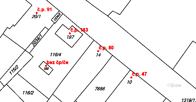 Křídlůvky 50 na parcele st. 14 v KÚ Křídlůvky, Katastrální mapa