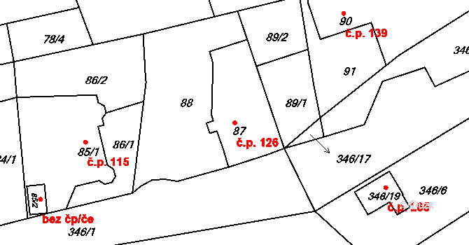 Jenišov 126 na parcele st. 87 v KÚ Jenišov, Katastrální mapa