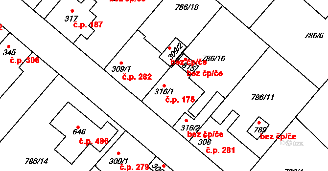 Cerhenice 175 na parcele st. 316/1 v KÚ Cerhenice, Katastrální mapa