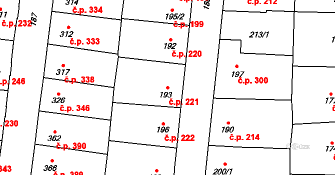 Rozdělov 221, Kladno na parcele st. 193 v KÚ Rozdělov, Katastrální mapa