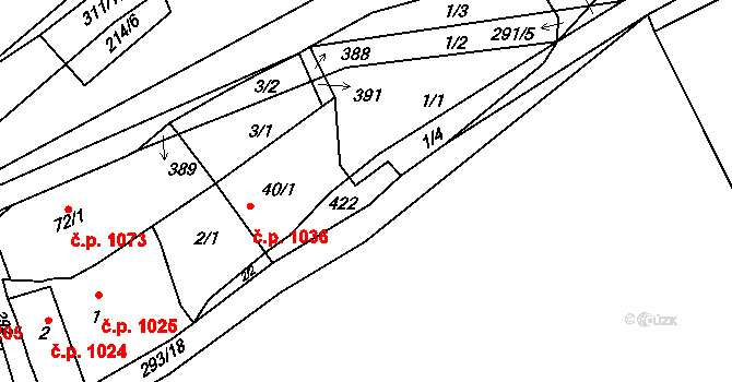 Švermov 1036, Kladno na parcele st. 40/1 v KÚ Hnidousy, Katastrální mapa