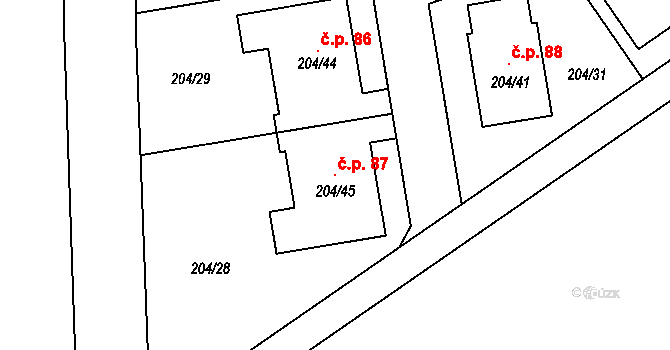 Svésedlice 87 na parcele st. 204/45 v KÚ Svésedlice, Katastrální mapa