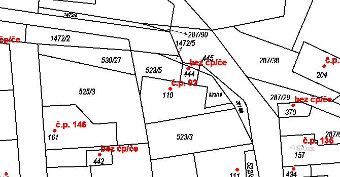 Tetín 92 na parcele st. 110 v KÚ Tetín u Berouna, Katastrální mapa