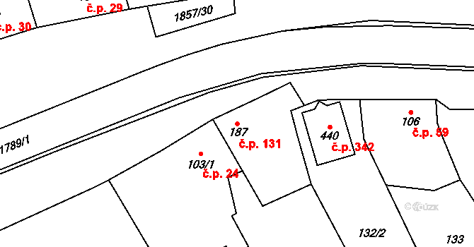 Přáslavice 131 na parcele st. 187 v KÚ Přáslavice u Olomouce, Katastrální mapa