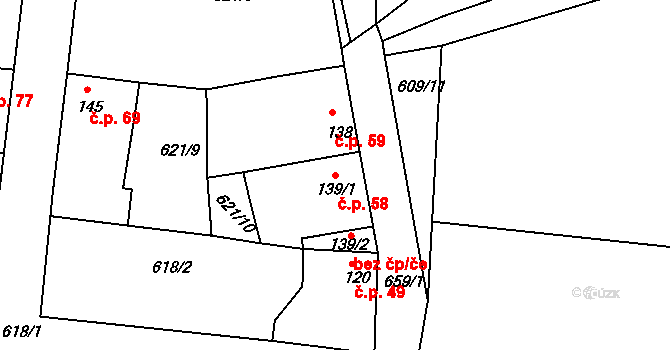Hrobce 58 na parcele st. 139/1 v KÚ Hrobce, Katastrální mapa