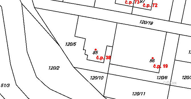Domoradice 38, Vysoké Mýto na parcele st. 85 v KÚ Domoradice, Katastrální mapa