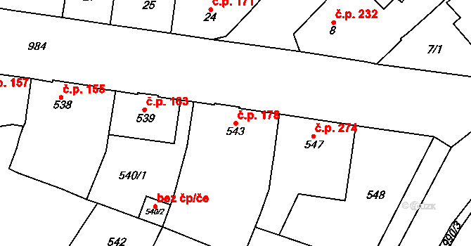 Milovice 178 na parcele st. 543 v KÚ Milovice nad Labem, Katastrální mapa