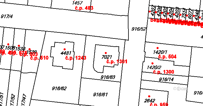 Horka-Domky 1301, Třebíč na parcele st. 7021 v KÚ Třebíč, Katastrální mapa