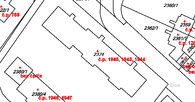 Sokolov 1943,1944,1945 na parcele st. 2374 v KÚ Sokolov, Katastrální mapa
