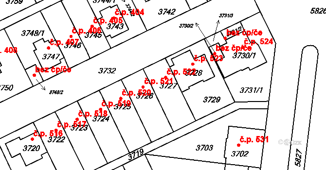 Záběhlice 522, Praha na parcele st. 3727 v KÚ Záběhlice, Katastrální mapa
