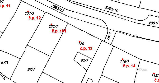 Rosice 13 na parcele st. 120 v KÚ Rosice u Brna, Katastrální mapa