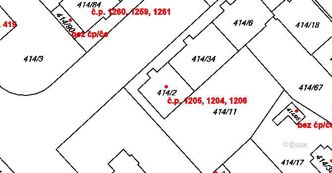 Doubravka 1204,1205,1206, Plzeň na parcele st. 414/34 v KÚ Doubravka, Katastrální mapa