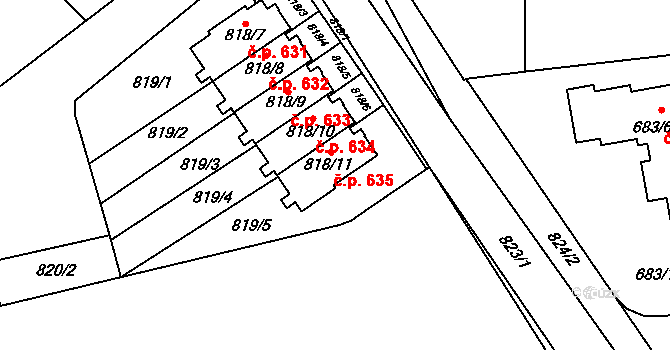 Průhonice 631 na parcele st. 818/7 v KÚ Průhonice, Katastrální mapa