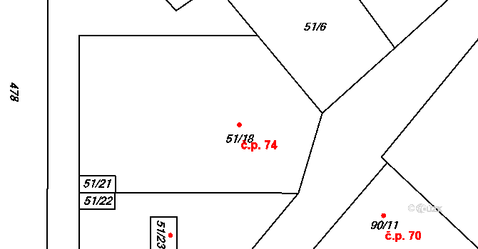 Lišnice 74 na parcele st. 51/18 v KÚ Lišnice, Katastrální mapa
