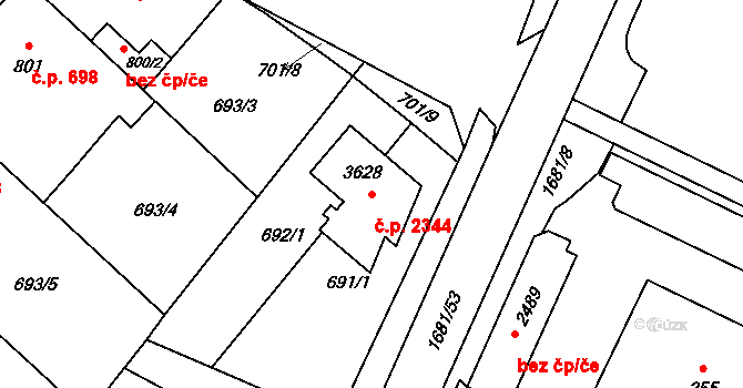 Říčany 2344 na parcele st. 3628 v KÚ Říčany u Prahy, Katastrální mapa