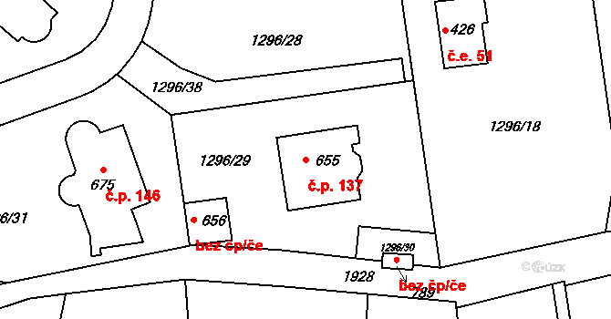 Božkov 137, Mnichovice na parcele st. 655 v KÚ Božkov u Mnichovic, Katastrální mapa