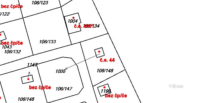 Švermov 44, Kladno na parcele st. 1005 v KÚ Hnidousy, Katastrální mapa