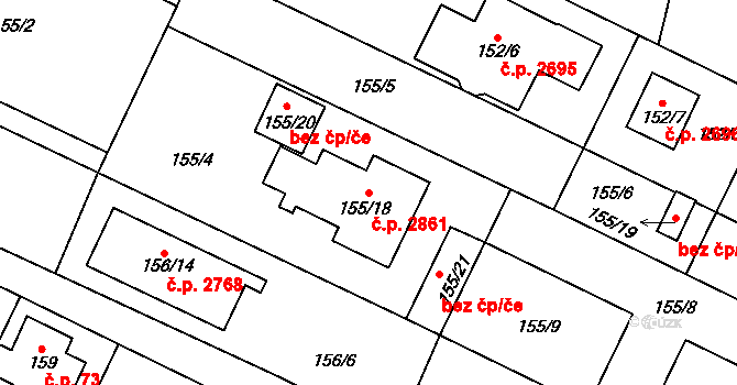 Horní Počernice 2861, Praha na parcele st. 155/18 v KÚ Horní Počernice, Katastrální mapa