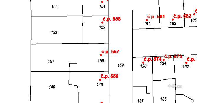 Třešť 557 na parcele st. 150 v KÚ Třešť, Katastrální mapa