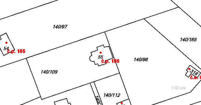 Chlomek 186, Petrov na parcele st. 55 v KÚ Sázava u Petrova, Katastrální mapa