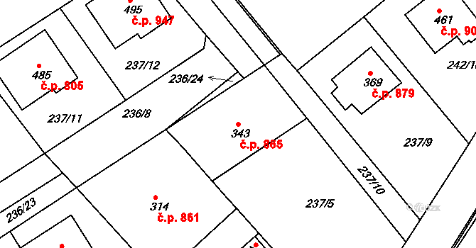 Rudná 865 na parcele st. 343 v KÚ Hořelice, Katastrální mapa