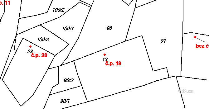 Chotěmice 19 na parcele st. 13 v KÚ Chotěmice, Katastrální mapa