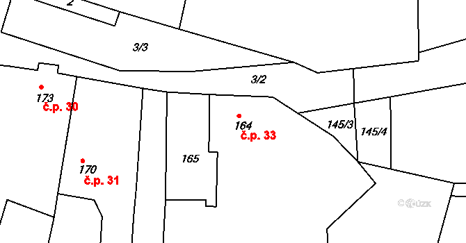 Bušovice 33 na parcele st. 164 v KÚ Bušovice, Katastrální mapa