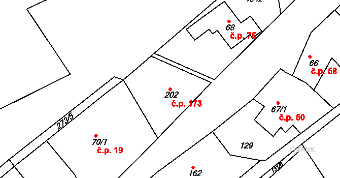 Žďárky 173 na parcele st. 202 v KÚ Žďárky, Katastrální mapa