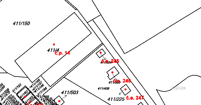 Ráj 245, Karviná na parcele st. 411/504 v KÚ Ráj, Katastrální mapa