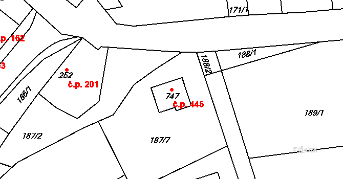 Železnice 445 na parcele st. 747 v KÚ Železnice, Katastrální mapa