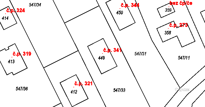 Unčín 341, Krupka na parcele st. 449 v KÚ Unčín u Krupky, Katastrální mapa