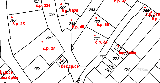Moravská Nová Ves 34 na parcele st. 778 v KÚ Moravská Nová Ves, Katastrální mapa