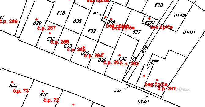 Sedlec 263 na parcele st. 628 v KÚ Sedlec u Mikulova, Katastrální mapa