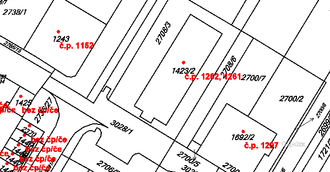 Bystřice pod Hostýnem 1261,1262 na parcele st. 1423/2 v KÚ Bystřice pod Hostýnem, Katastrální mapa