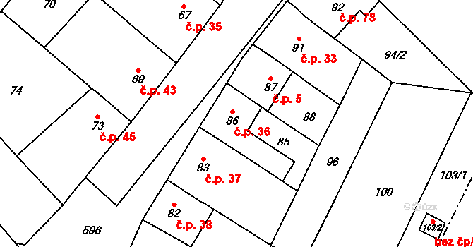 Lutotín 36, Bílovice-Lutotín na parcele st. 86 v KÚ Lutotín, Katastrální mapa