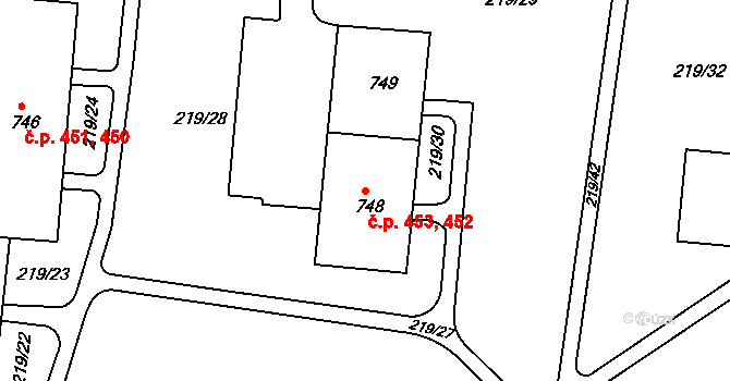Toužim 452,453 na parcele st. 748 v KÚ Toužim, Katastrální mapa