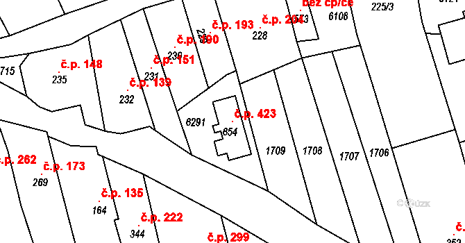 Popovice 423 na parcele st. 654 v KÚ Popovice u Uherského Hradiště, Katastrální mapa