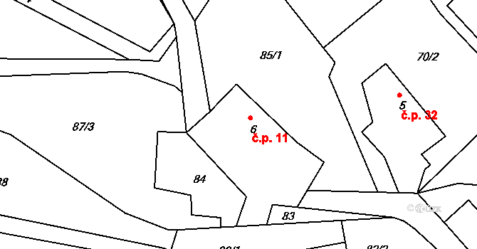Kobyly 11 na parcele st. 6 v KÚ Kobyly, Katastrální mapa