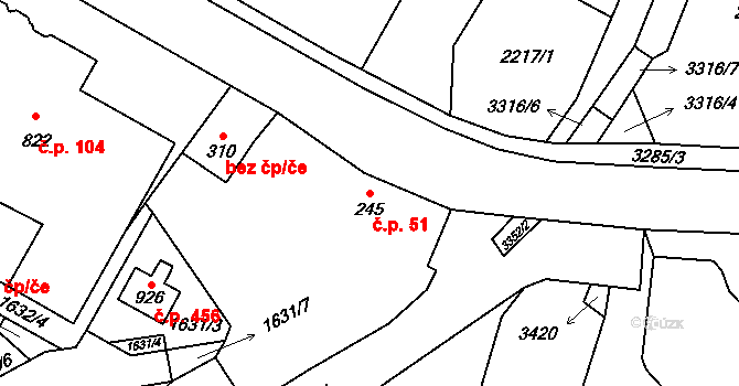 Písek 51 na parcele st. 245 v KÚ Písek u Jablunkova, Katastrální mapa