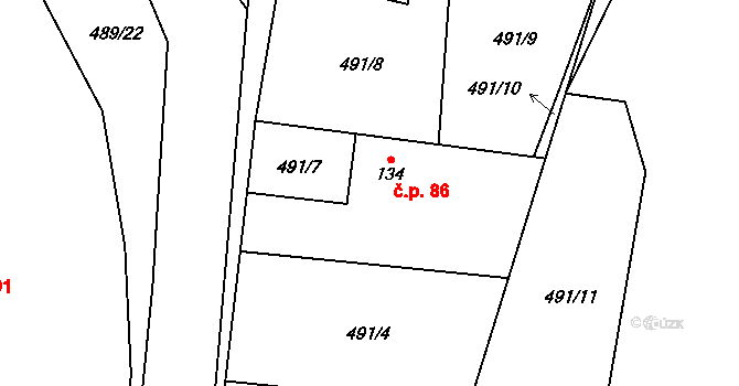 Myštěves 86 na parcele st. 134 v KÚ Myštěves, Katastrální mapa