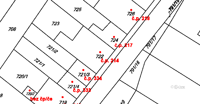 Křelov 214, Křelov-Břuchotín na parcele st. 722 v KÚ Křelov, Katastrální mapa