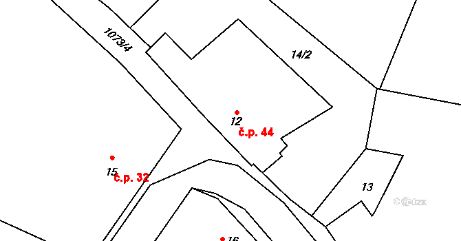 Modlešovice 44, Strakonice na parcele st. 12 v KÚ Modlešovice, Katastrální mapa